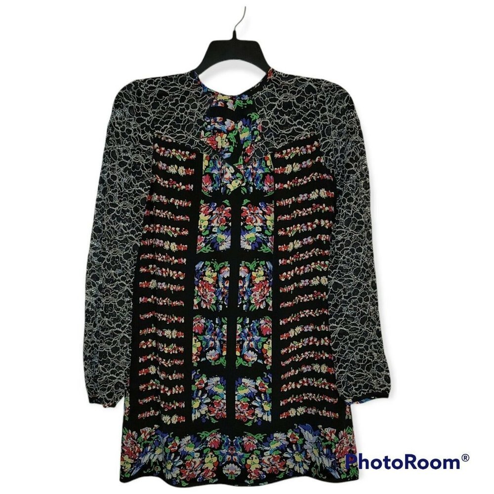 Anna Sui Black Silk and  Lace  Floral Print Shift Dress Size 6